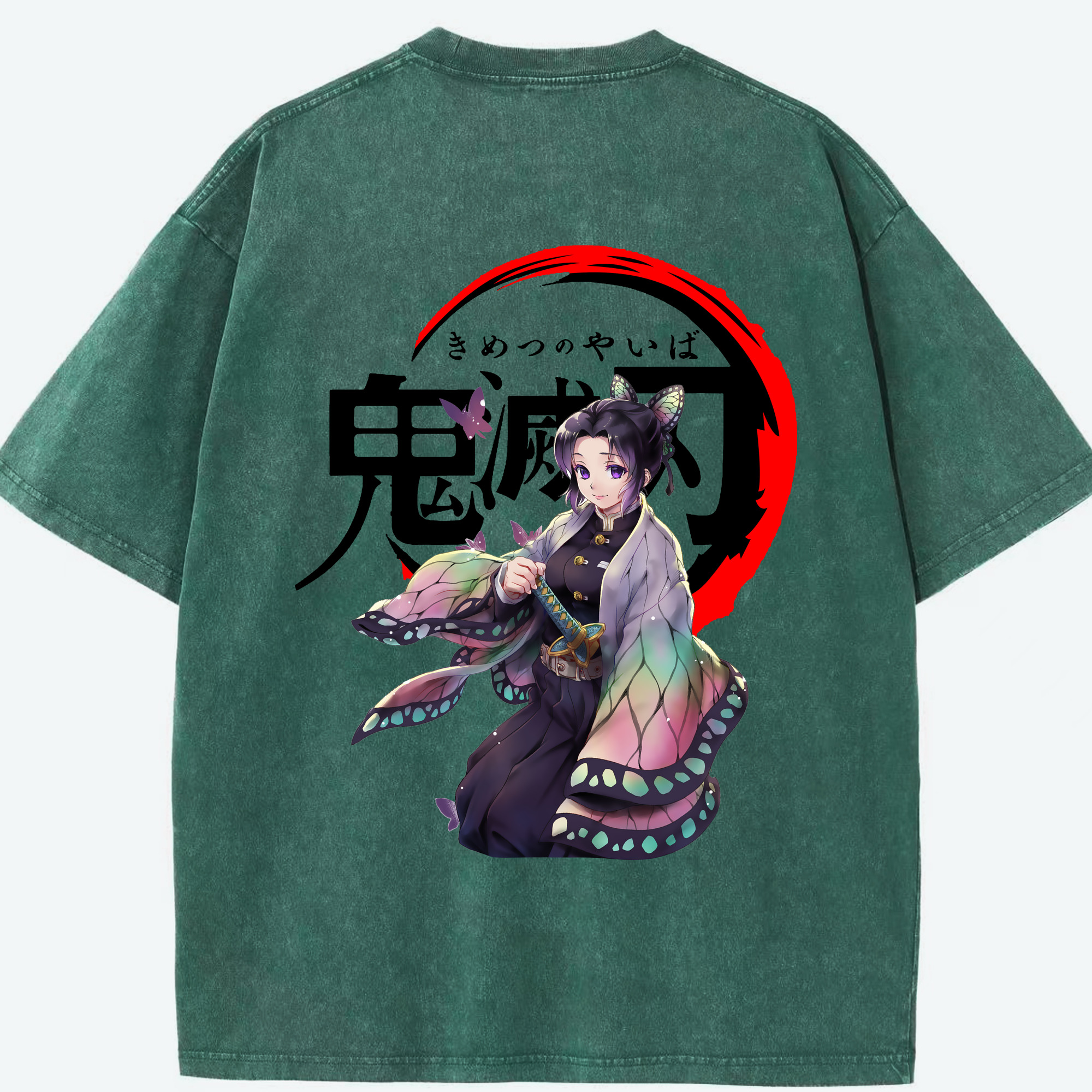 （画像用） 鬼滅の刃（きめつのやいば）蟲柱-胡蝶 しのぶ／こちょう しのぶ Kochou Shinobu 綿100% ヴィンテージ風 半袖Tシャツ（背面プリント）